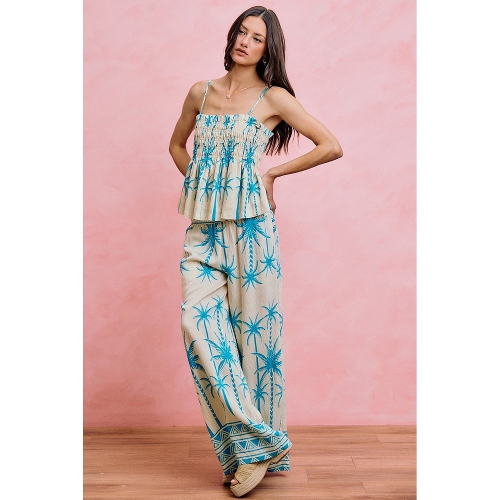 SO ME Palm Tree Smocked Bodice Adjustable Cami Top - Blue - Medium - Picture 12 of 16